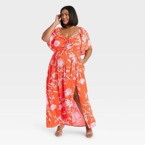 Worn Once: Ava & Viv 2X Orange & White Floral Dress with Left Thigh Slit